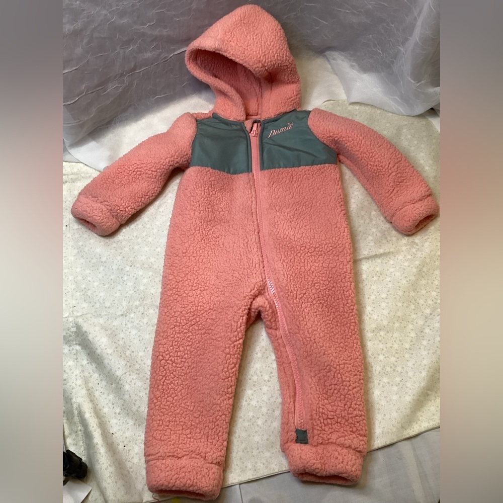 Puma Sherpa Baby Snowsuit Size 12 Months Cozy Pink & Gray No Feet Fill Zip